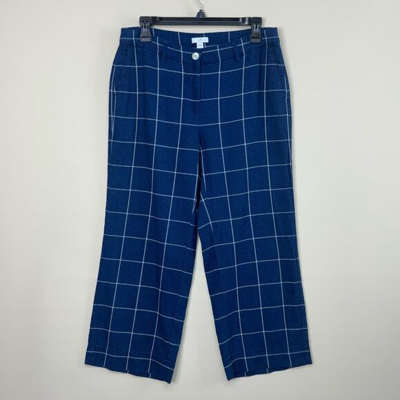 J.JILL Windowpane Plaid Wide Leg Cropped Trousers Midnight Blue White Size‎ 8 - Picture 1 of 9